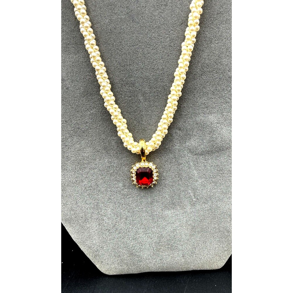 Elegant Pearl Beaded Choker Necklace Statement Jewelry  w/ Ruby Colored Pendant